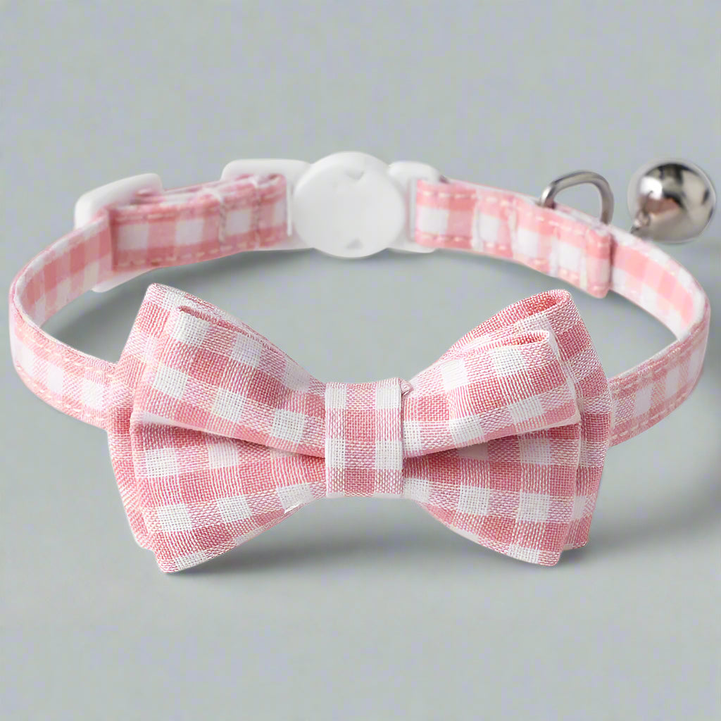 Cat Collar with Bow & Bell, Cute Plaid Patterns Collars, 1 Pack, Pink