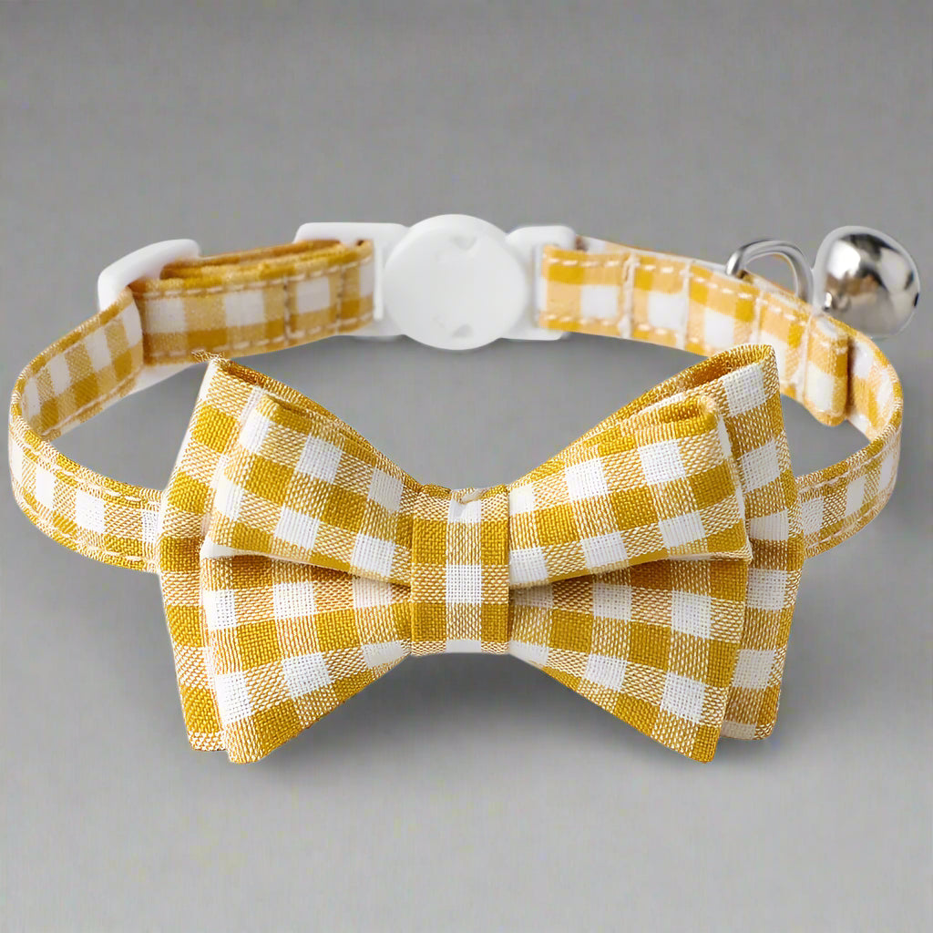 Cat Collar with Bow & Bell, Cute Plaid Patterns Collars, 1 Pack, Yellow