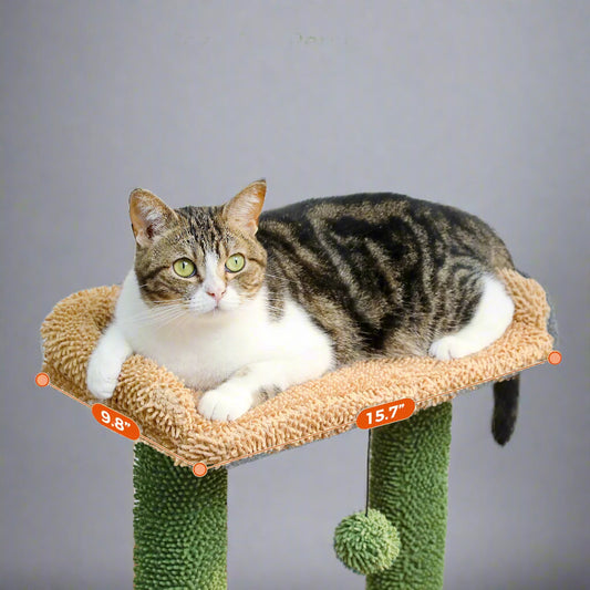 Cat Tree 33" Cute Cactus Cat Scratching Posts Tower with Large Top Perch and Hammock for Medium Indoor Cats, Green
