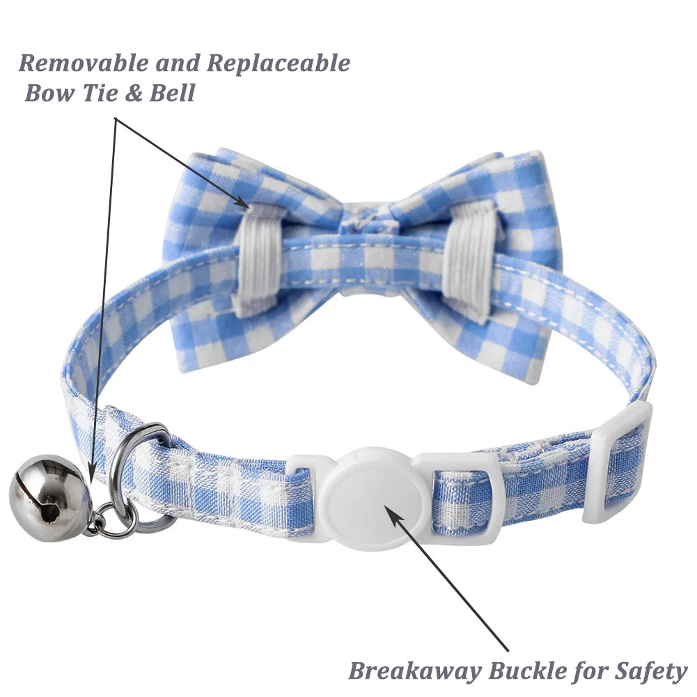 Cat Collar with Bow & Bell, Cute Plaid Patterns Collars, 1 Pack, Blue