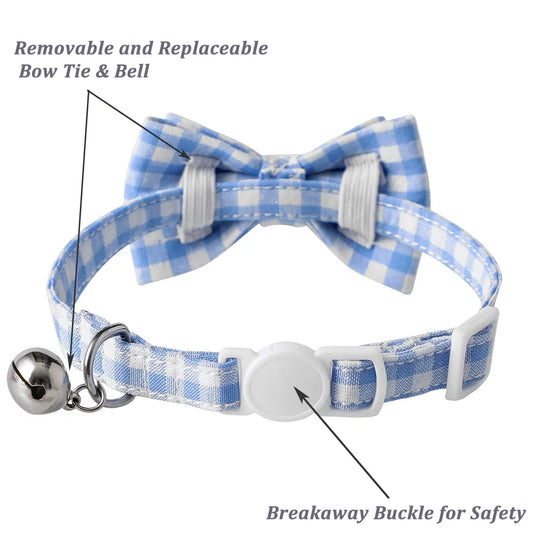 Cat Collar with Bow & Bell, Cute Plaid Patterns Collars, 1 Pack, Blue