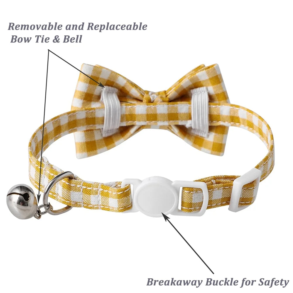 Cat Collar with Bow & Bell, Cute Plaid Patterns Collars, 1 Pack, Yellow