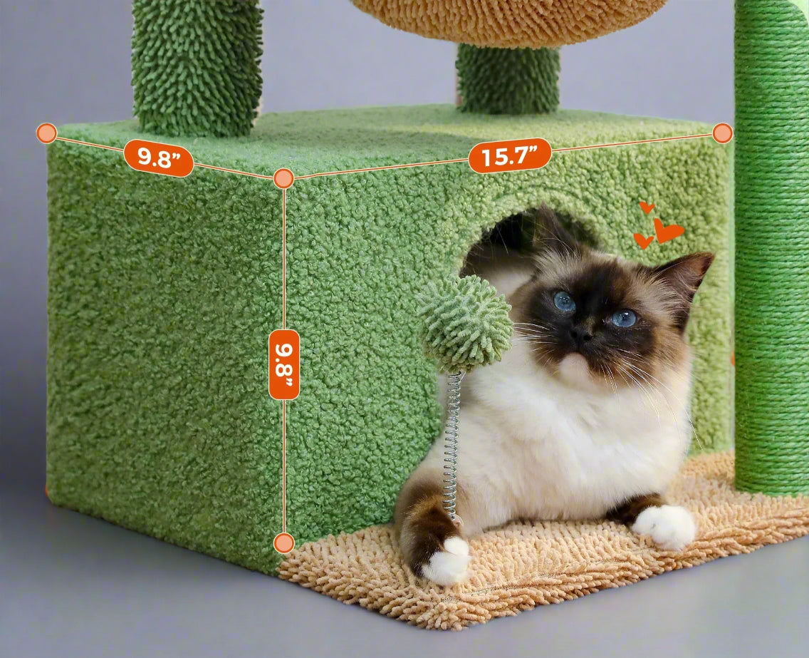 Cat Tree 33" Cute Cactus Cat Scratching Posts Tower with Large Top Perch and Hammock for Medium Indoor Cats, Green