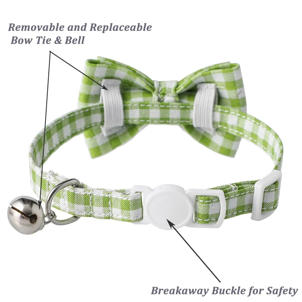 Cat Collar with Bow & Bell, Cute Plaid Patterns Collars, 1 Pack, Green