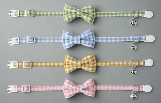 Cat Collar with Bow & Bell, Cute Plaid Patterns Collars, 1 Pack, Pink