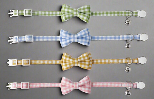 Cat Collar with Bow & Bell, Cute Plaid Patterns Collars, 1 Pack, Yellow
