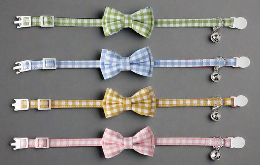 Cat Collar with Bow & Bell, Cute Plaid Patterns Collars, 1 Pack, Green