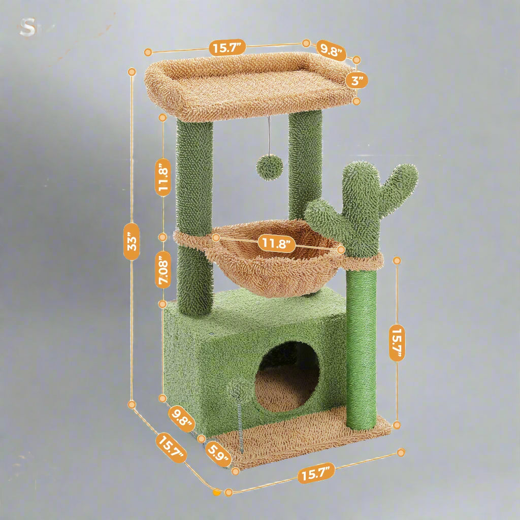 Cat Tree 33" Cute Cactus Cat Scratching Posts Tower with Large Top Perch and Hammock for Medium Indoor Cats, Green