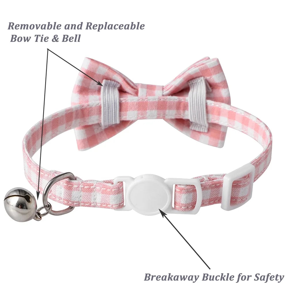 Cat Collar with Bow & Bell, Cute Plaid Patterns Collars, 1 Pack, Pink