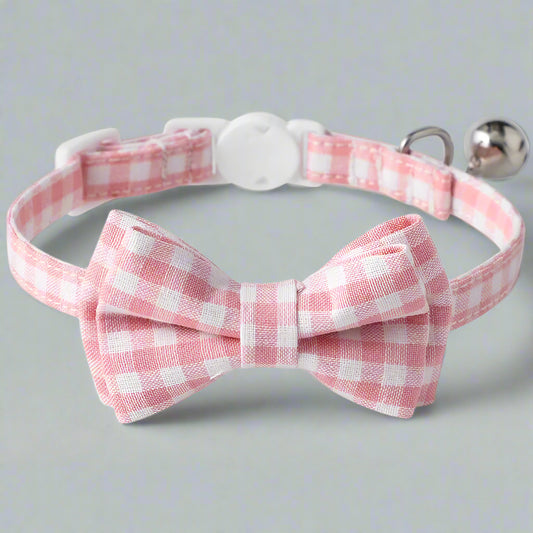 Cat Collar with Bow & Bell, Cute Plaid Patterns Collars, 1 Pack, Pink