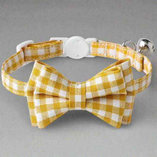 Cat Collar with Bow & Bell, Cute Plaid Patterns Collars, 1 Pack, Yellow