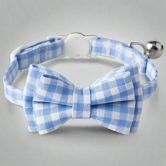Cat Collar with Bow & Bell, Cute Plaid Patterns Collars, 1 Pack, Blue