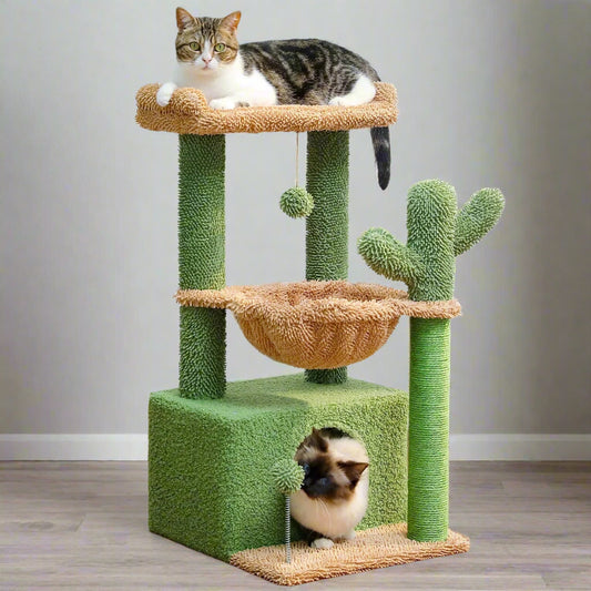 Cat Tree 33" Cute Cactus Cat Scratching Posts Tower with Large Top Perch and Hammock for Medium Indoor Cats, Green